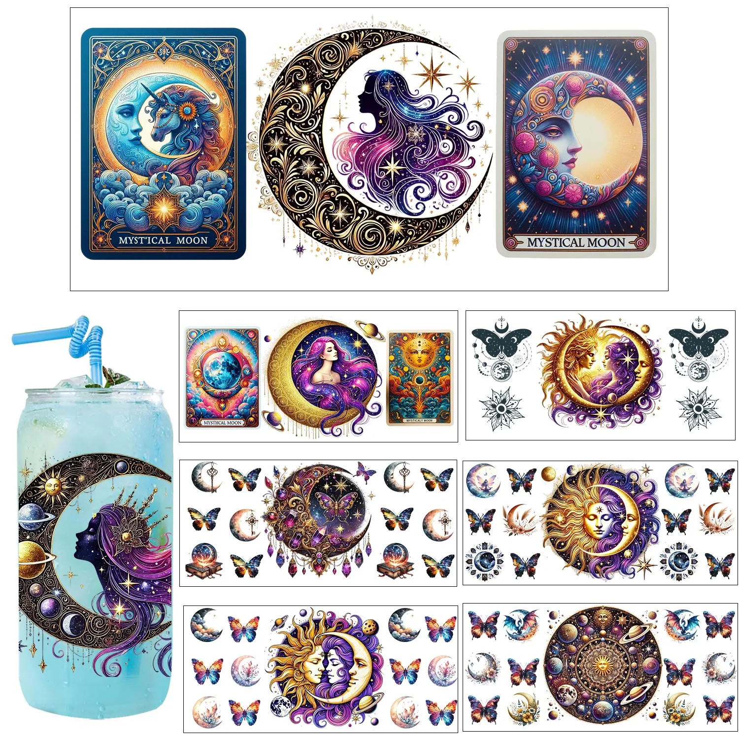 Mystical TarotSun and Moon easy peel waterproof DIY Decals 3D transfers uvdtf stickers 16oz uv dtf cup wraps for Libbey Glasses