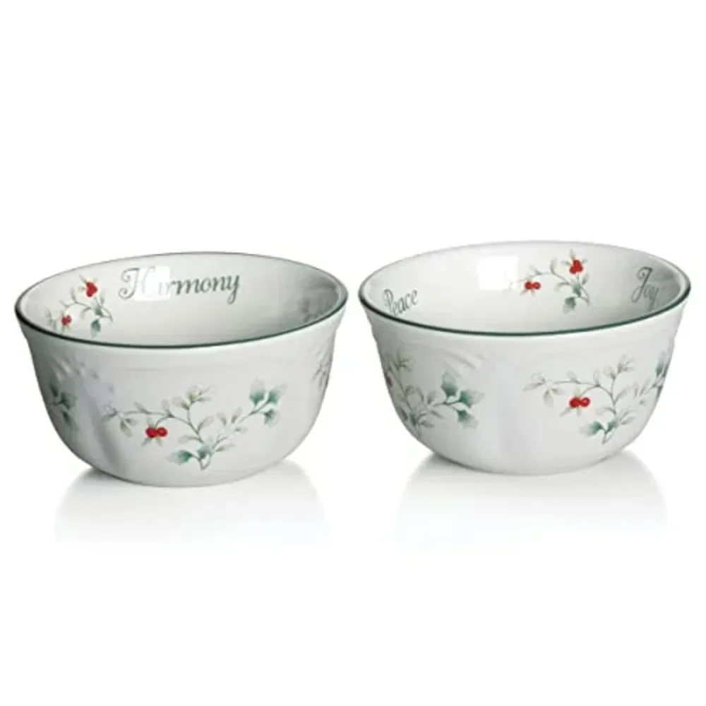 

Pfaltzgraff Winterberry Cuenco de Postre con Sensación de Gres Juego de 2 Blancos con Detalles en Verde y Rojo