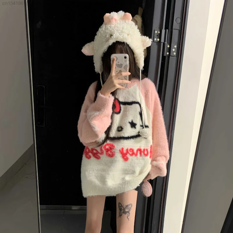 Sanrio Hello Kitty Kawaii Anime Sweater Lolita 2000s Girls Winter Cute Cartoon Korean Style Knitted Top Youthful Woman Clothes