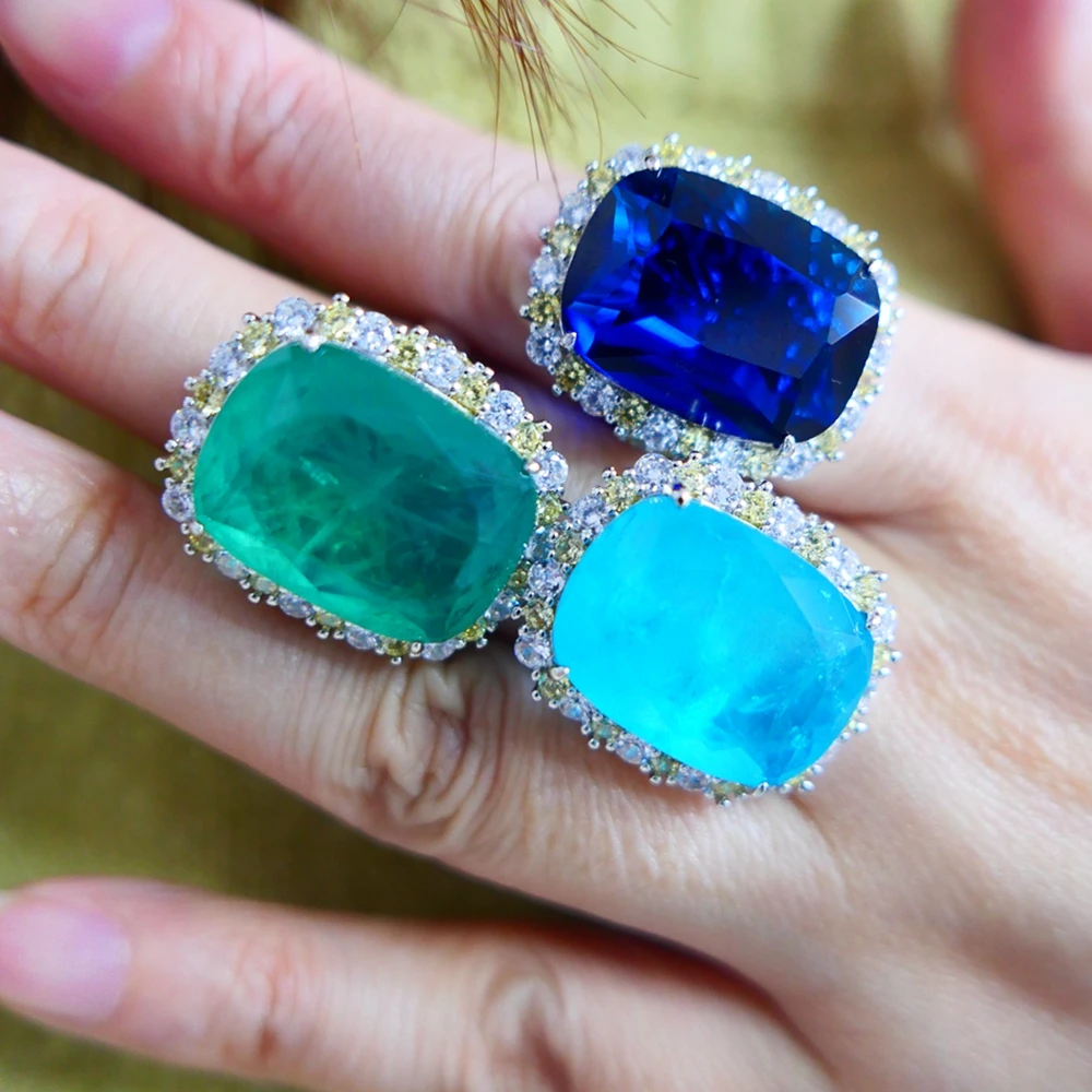 KQDANCE Women's Create Cushion Cut Gemstone Green Emerald Sapphire Paraiba Tourmaline Ring with Large Green/Blue Stone Jewelry view 3