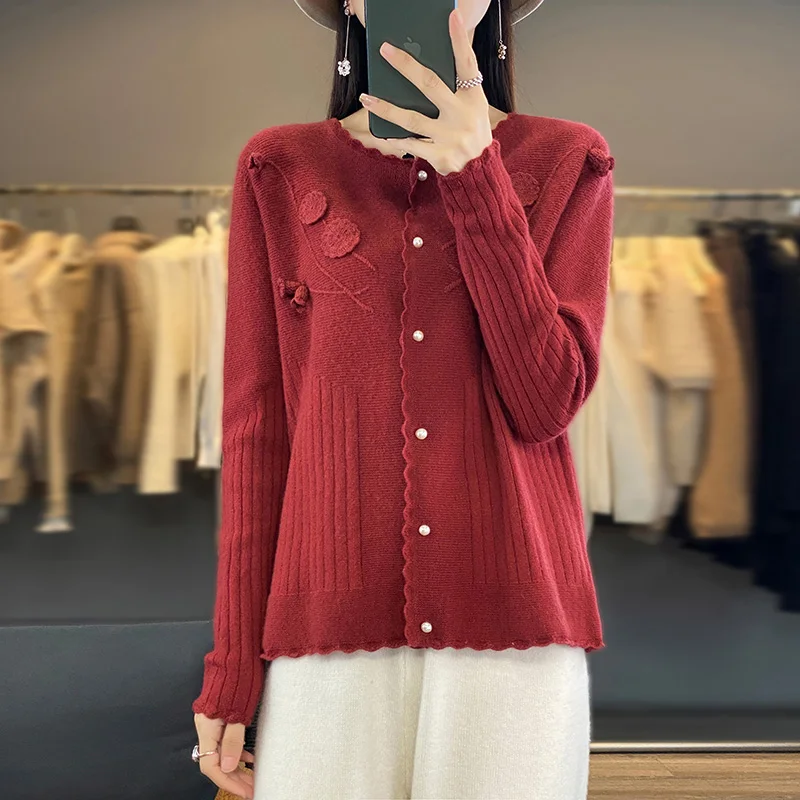 Women\'s Cardigan Autumn/Winter 100% Pure Wool Sweater Casual Knitted Sweater Round Neck Loose Tops All-match Applique Blouse