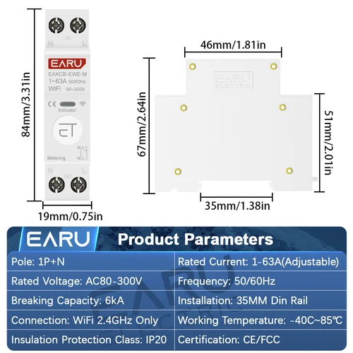 Imagen 2 del producto EWeLink WiFi disyuntor inteligente 1P + N 63A MCB temporizador relé interruptor medición de energía kWh Protector de corriente de voltaje Control remoto
