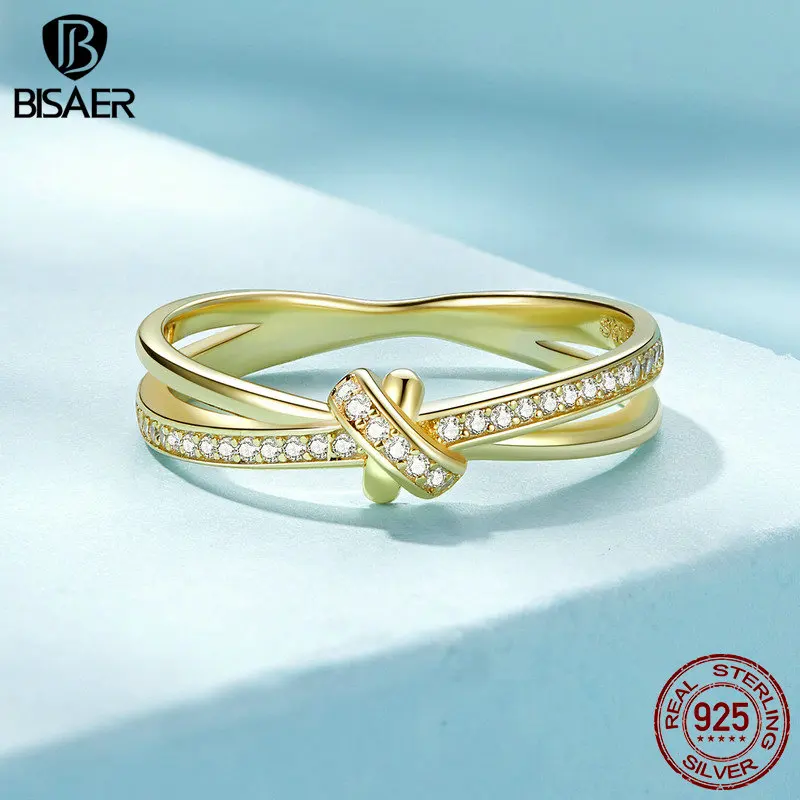 BISAER 925 Sterling Sliver Knot Zircon Ring Size 6-9 Double Band Plated Platinum For Women Party Wedding Fine Jewelry ECR896