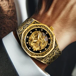 New men's watch with gold steel strip, business style, exquisite carving pattern, big golden dragon night light mechanical watch