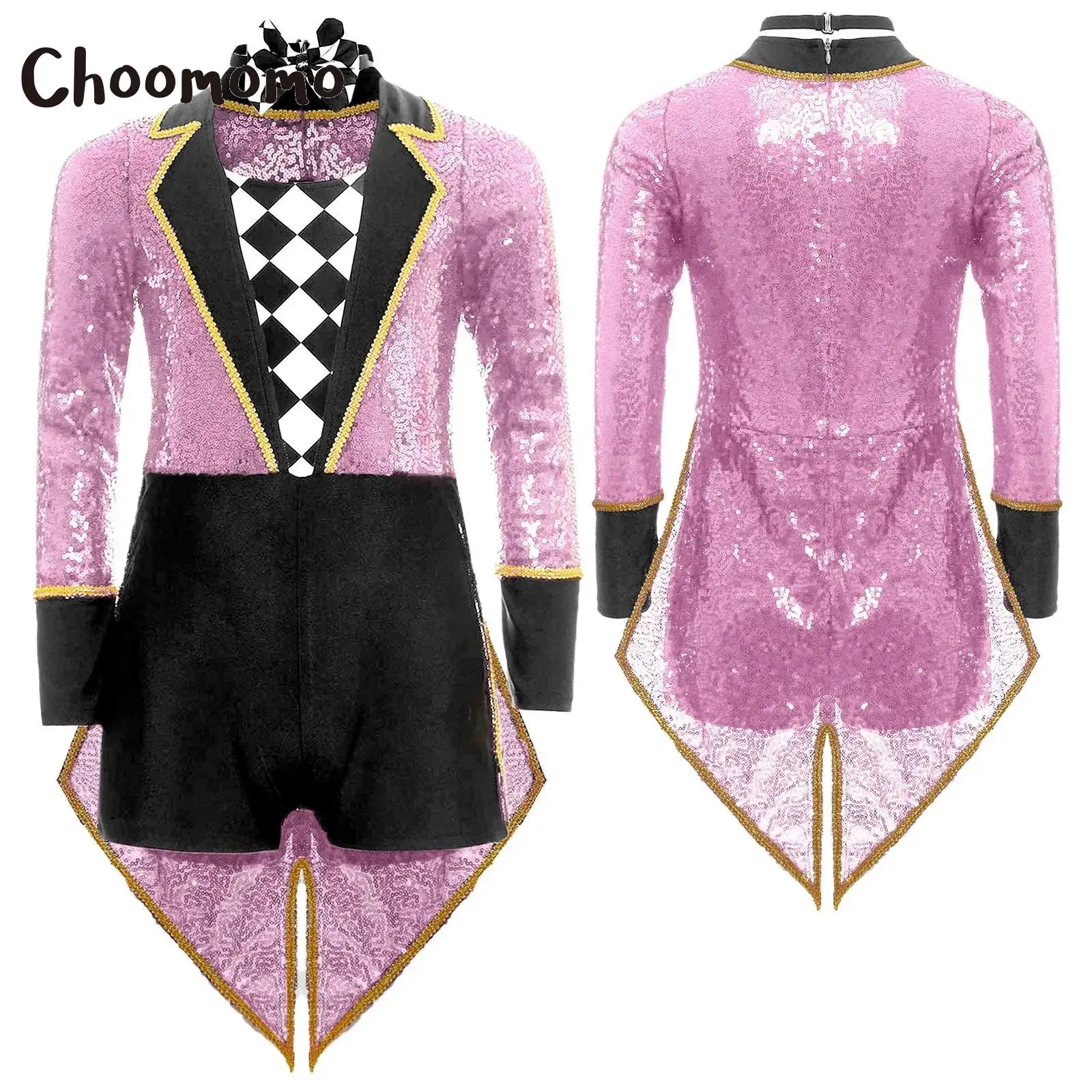 

Fashion Girls Long Sleeve Circus Costumes Halloween Magician Cosplay Leotard Sequins Checkerboard Tailcoat Bodysuit with Bow Tie