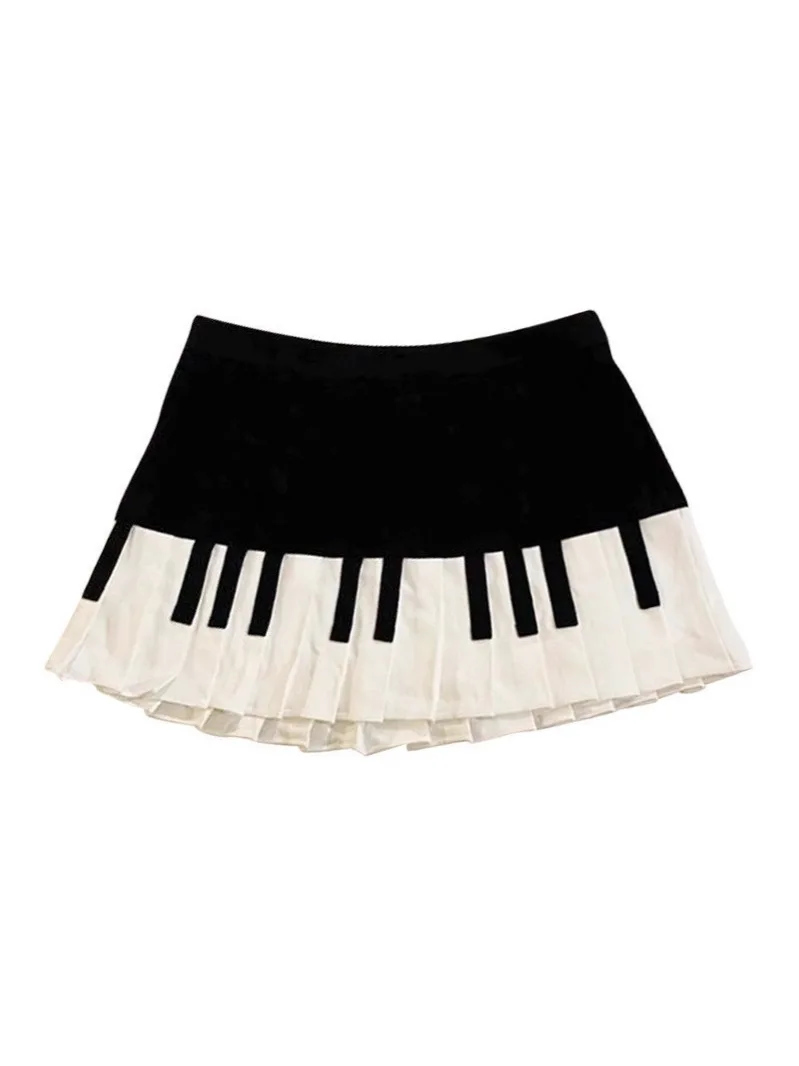 Damenrock in Schwarz-Weiß mit Klaviertasten-Print, plissierter Minirock mit hoher Taille, A-Linien-Rock für Musikparty, Freizeitkleidung, Cosplay-Kostüm. – Detail 7