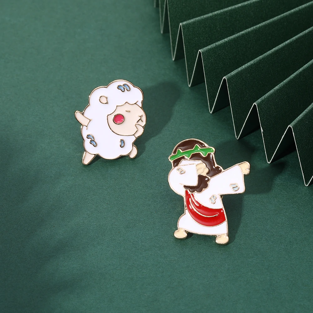 Funny Anime The Messiah Sheep Enamel Brooches Cartoon Jesus Christ Shall Feed His Flock Like a Shepherd Pins
