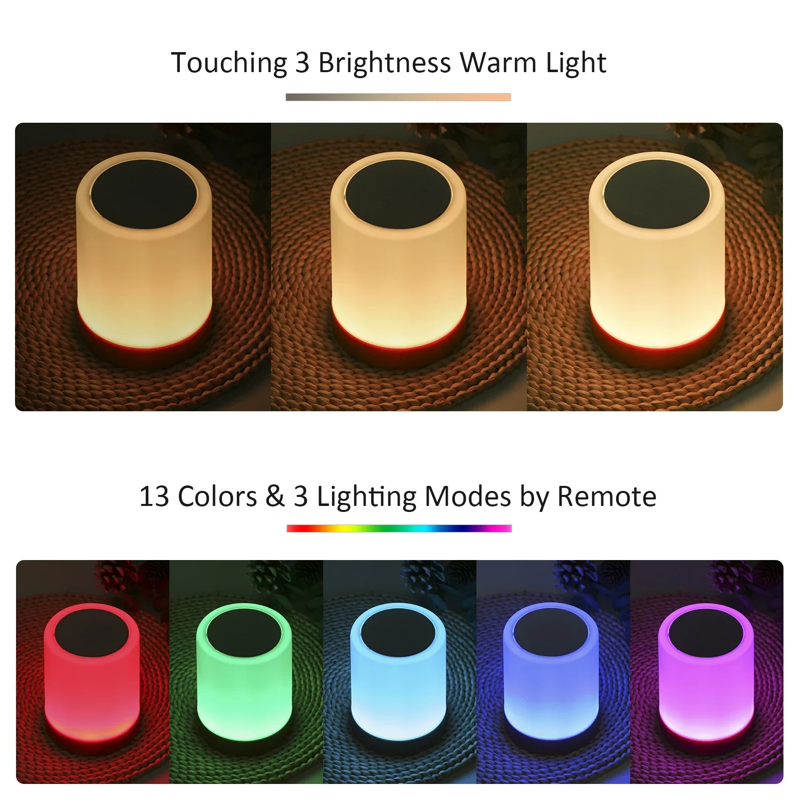 Luz de cabeceira noturna com redutor remoto, RGB Color Table Lamp, Touch Control, USB, recarregável, Night Lamp