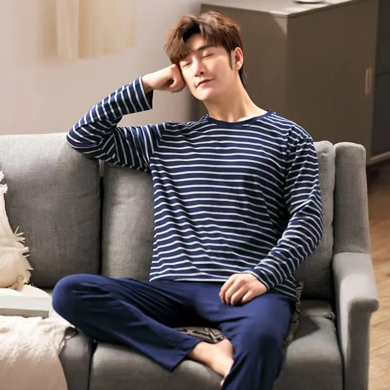 Spring and Autumn Men's New Casual Sleepwear Long Sleeve Striped Autumn and Winter Lightweight Men's Teenage Homewear Set