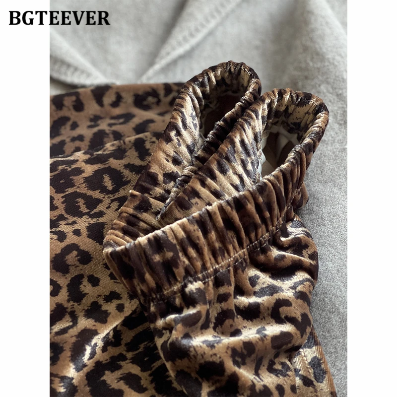 BGTEEVER Vintage Loose Leopard Mid-Length Skirts for Women Autumn Fashion High Waist Velvet A-line Skirts Female