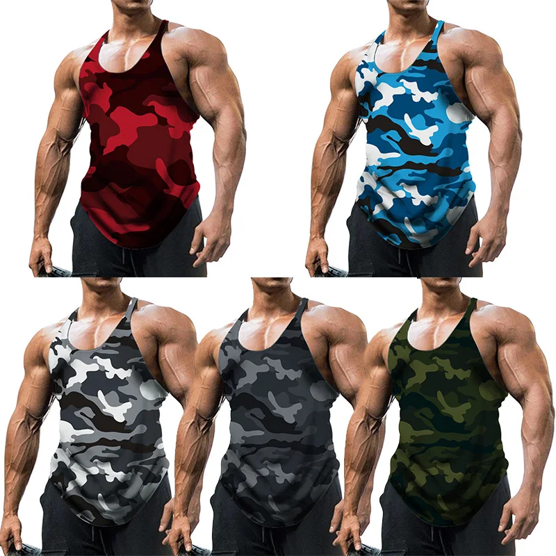 Gym Stringer Tank Top Camouflage Top Sleeveless Men T-shirt Breathable Bodybuilding Gym Vest Crew Neck Fitness Tee Muscle