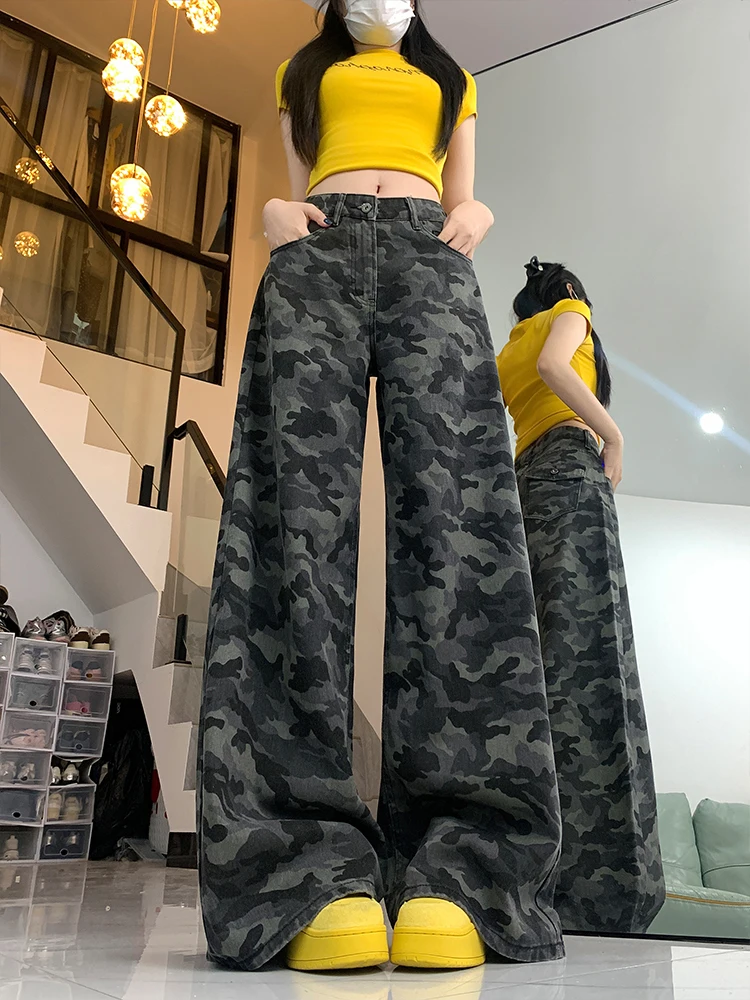 

Американские джинсы с высокой талией и широкими штанинами, камуфляжные, женские, летние, тонкие, свободные, больших размеров, прямые брюки для фигуры типа «груша»