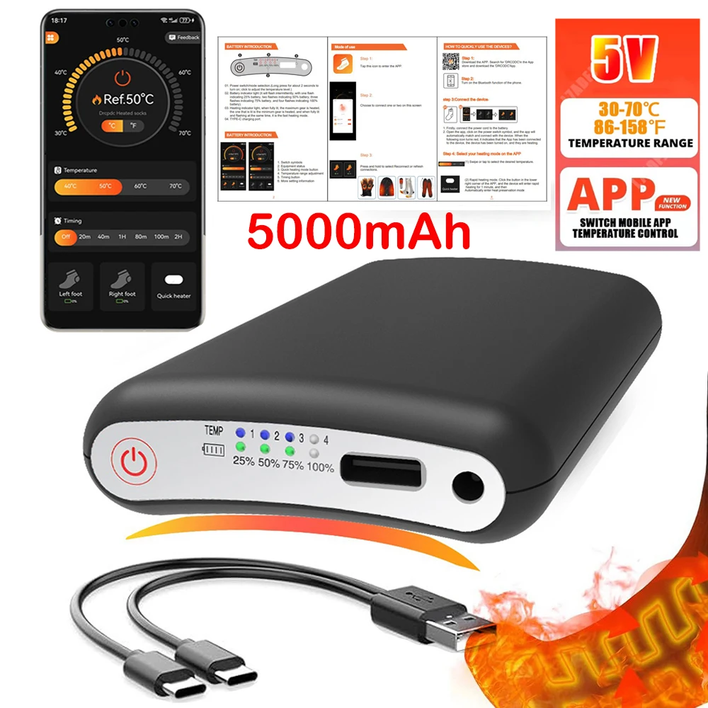 5v 5000mah app bateria de controle remoto inverno luva aquecida palmilha cachecol meias colete pacotes bateria quente recarregável power bank