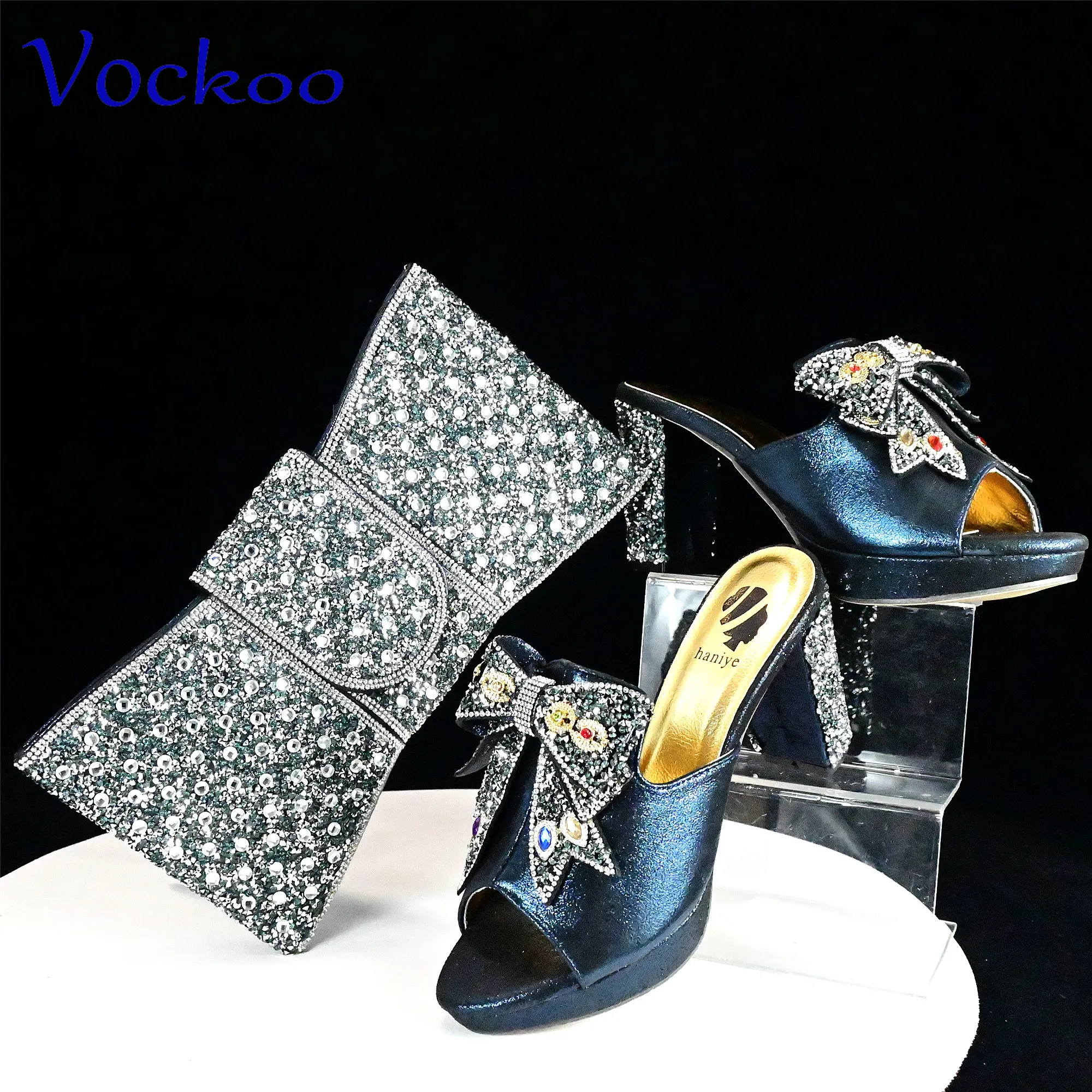 Dark Blue New Arrivals Leisure Style Italian Women Shoes Matching Hang Bag with Platform High Quality Slipper with Appliques for