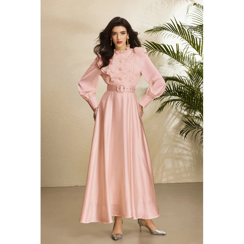 Women Ruffle High Neck Long Sleeve Maxi Dress Lace Embroidery Patchwork Belted A Line Flowy Long Formal Party Dresses For Ladies