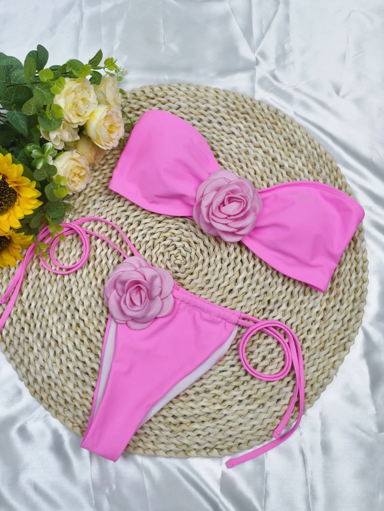 女性のための花柄のセクシーな水着,バンドゥビキニ,腕立て伏せビキニ,無地,ビーチウェア,夏,2025