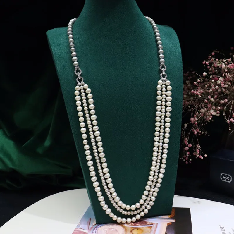 

3rows freshwater pearl gray white 8-9/7-8mm necklace