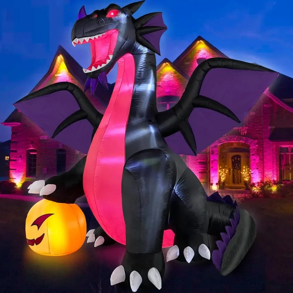 for 9FT Halloween Inflatables Outdoor Decorations with LED Lights, Dragon with Pumpkin, Blow Up Halloween Decorations