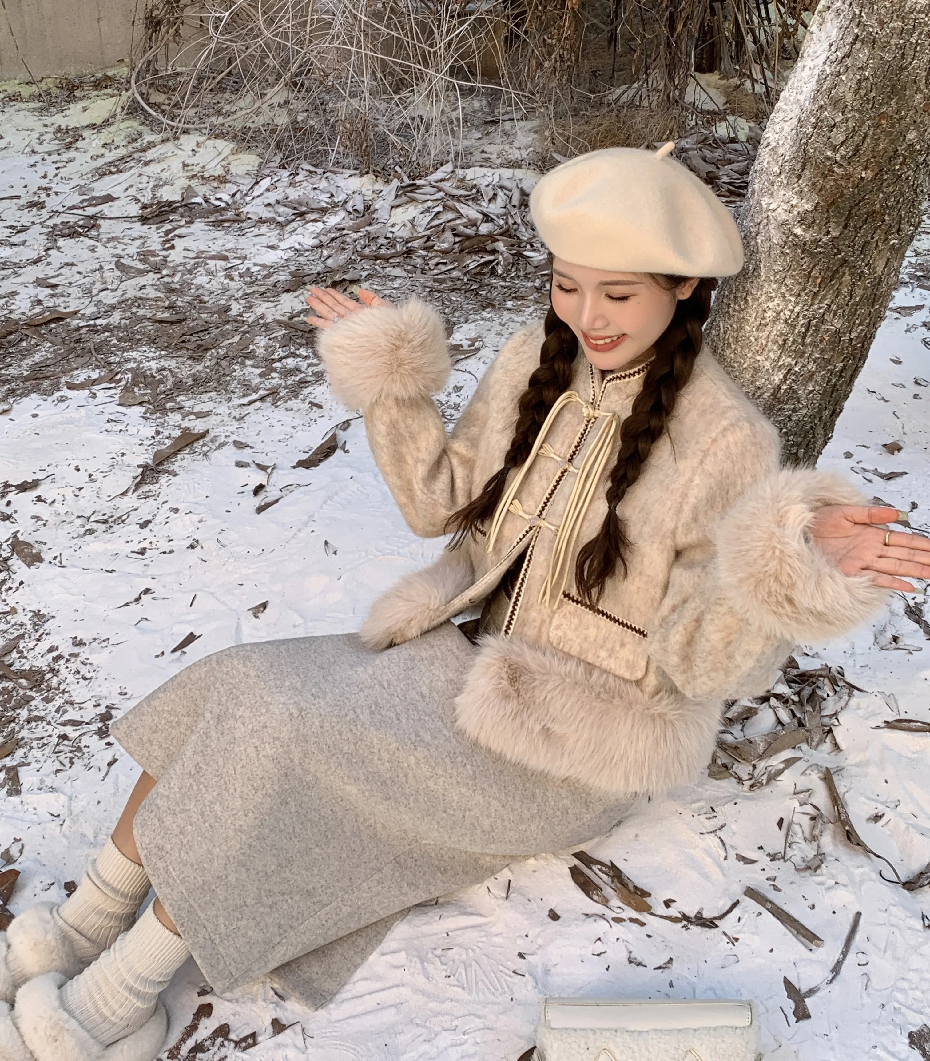 Em estoque: novo estilo chinês acolchoado elegante casaco com acabamento de pele com saia de lã nobre conjunto, feminino senhora do escritório roupas na moda