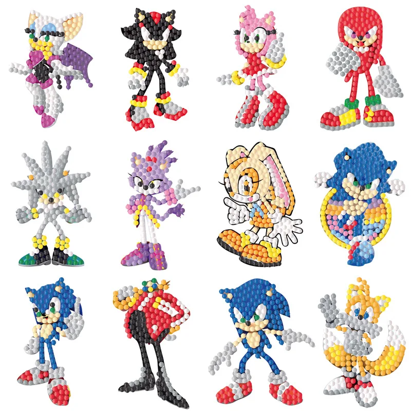 12pcs Sonic The Hedgehog Diamond Painting Kit Handmade DIY Sticker Toys Anime Game Pattern Refrigerator Decorations