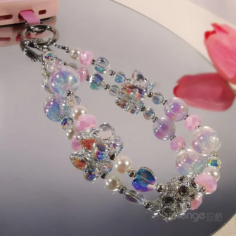 Mobile Phone Lanyard Crystal Bow Rhinestone Round Ball Pearl Mobile Phone Lanyard Small Fresh Wrist Rope Hand-beaded Lanyard