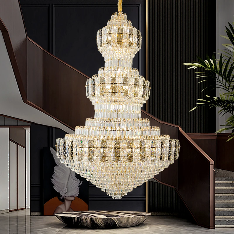 Large Multi-Layer Crystal Chandelier, Staircase Gold Pendant Light, High-Ceiling Lobby Living Room Lighting, Home Decor Lamp