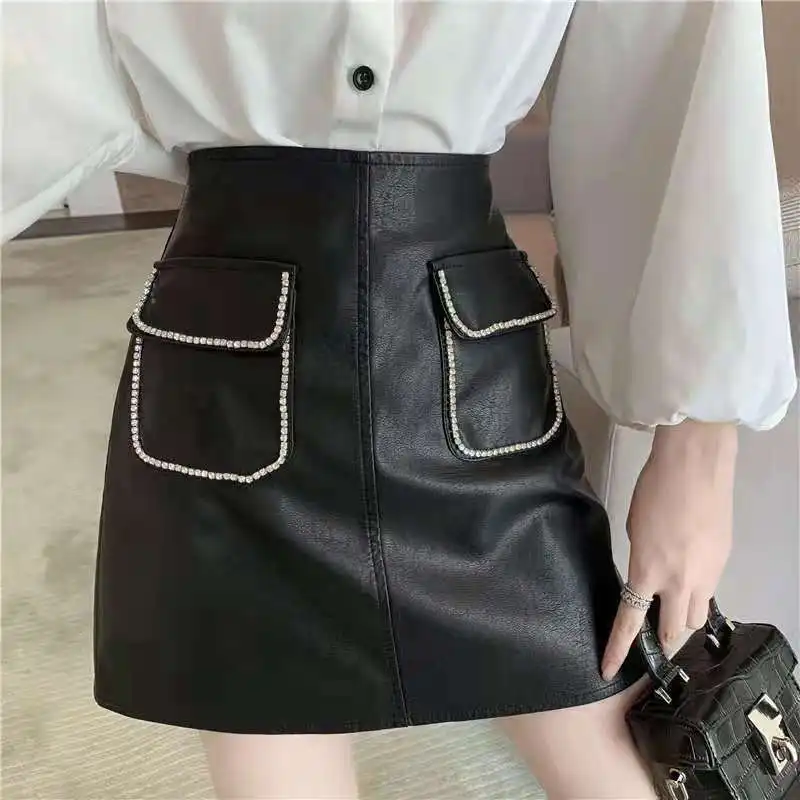 

Solid diamond pocket PU leather A-line skirt for women autumn winter new fashionable high-waisted buttock skirt