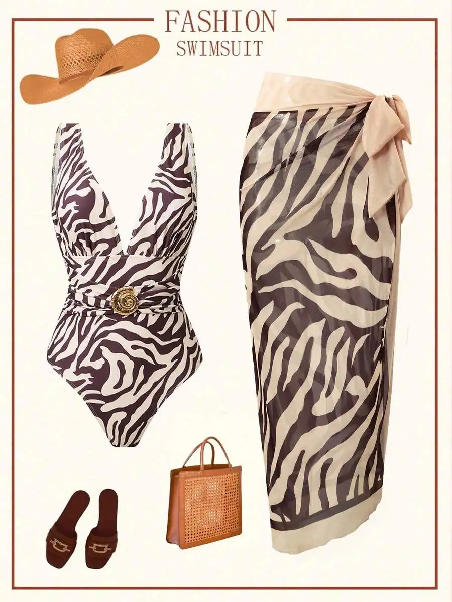 

Zebra Print Swimsuit Set With Cover Up Skirt And Belt Women Summer Beach Swimwear