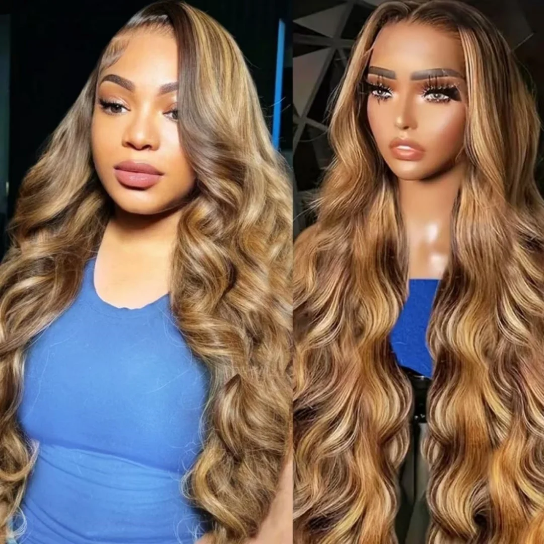 13x6 HD Lace Frontal Wig Remy Pre plucked P4/27 Colored Body Wave Frontal Wig Highlight 13x4 Transparent HD Lace Human Hair Wigs
