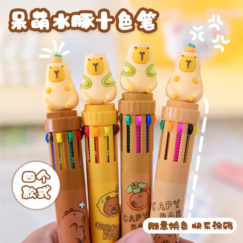 12 Pcs  New Cartoon Capybara Animal 10-Color Push Ball Point Cartoon Pen / Student Writing Tool /Children Gift Prize