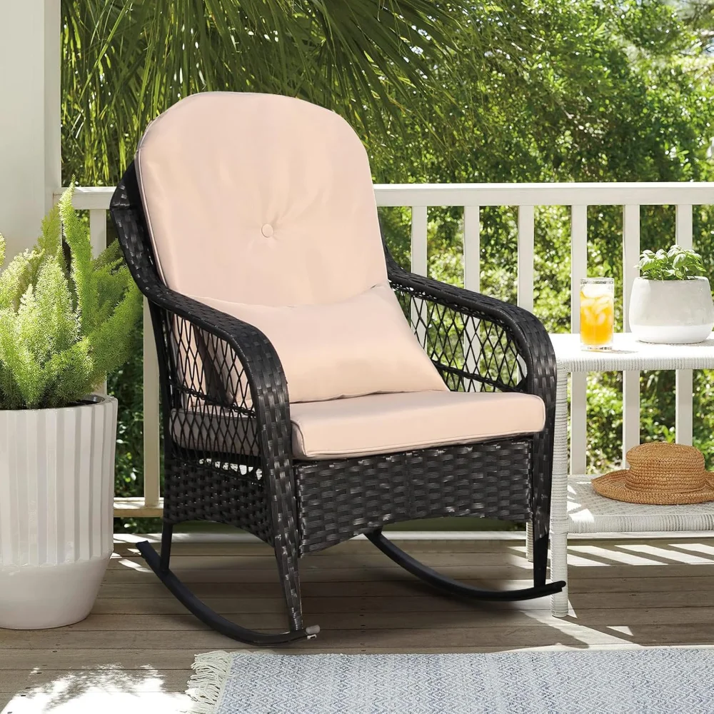 Kursi Goyang Luar Ruangan, Kursi Goyang Rotan Anyaman Teras dengan Bantal, Set Furnitur Anyaman Goyang untuk Dek, Teras