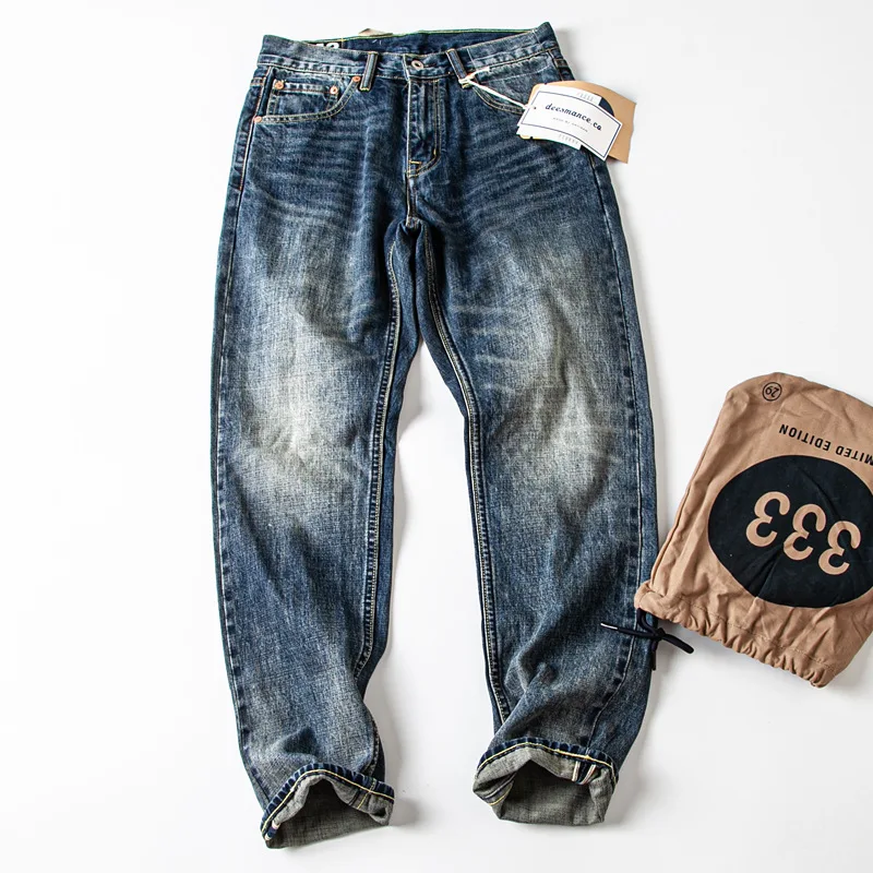 

Japanese Vintage Washed & Distressed Selvedge Denim Jeans for Men Heavyweight 100% Cotton Amekaji Tapered Straight-Leg Pants