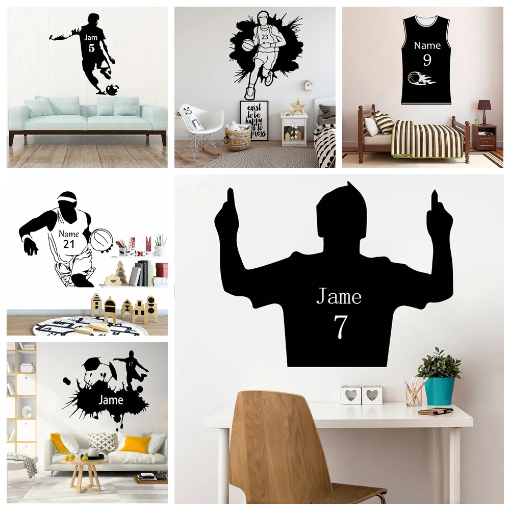 

1 pc new basketball fun or football lover Custom Name and number Sticker Waterproof Vinyl Wallpaper For Kids Rooms Home