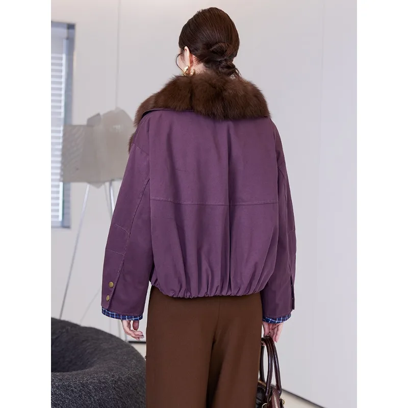 Piumino corto da donna 2025 abbigliamento invernale nuovo collo in pelliccia di volpe rimovibile piumino in pelliccia d'oca Haining