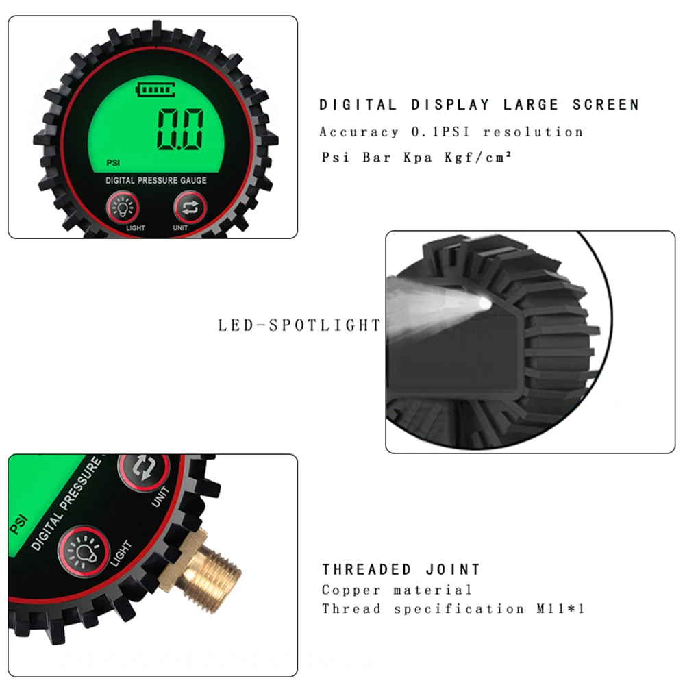 255PSI Digital Gas Pressure Gauge Accuracy 1% with M11 1/4 1/8NPT Screw Thread Connector Rubber Protector For Car Truck