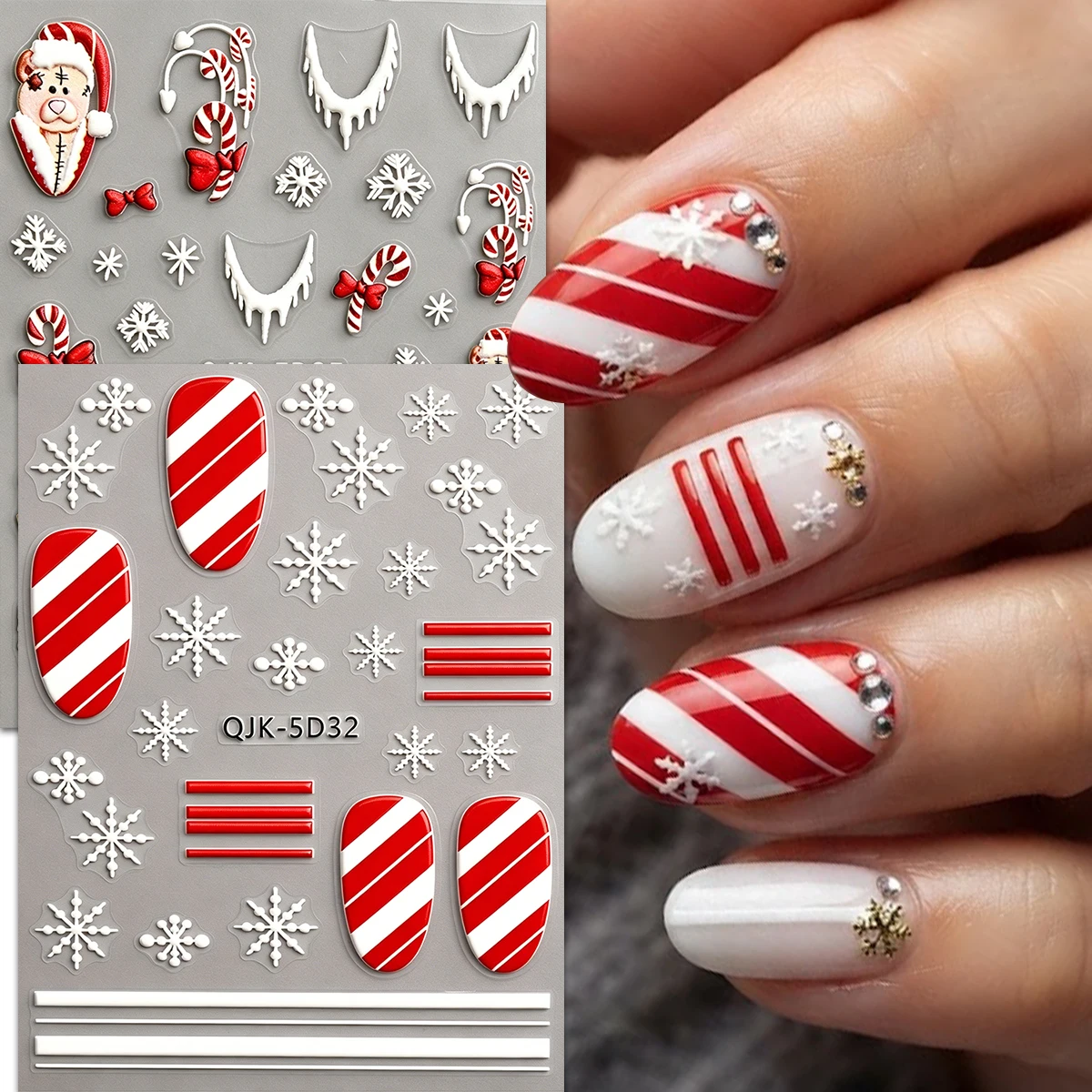 2/3/4PCS 5D Embossed Christmas Nail Stickers Set Red White Stripe Snowflake Icicle Bear Candy Cane Winter Holiday Nail Supplies