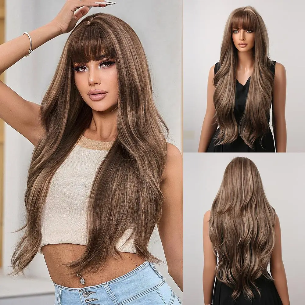 

28inc Synthetic Wig For Women With Bangs Big Waves Princess Long Curly Hair Wigs Natural Fashion Brown Full Headgear Party Wig.