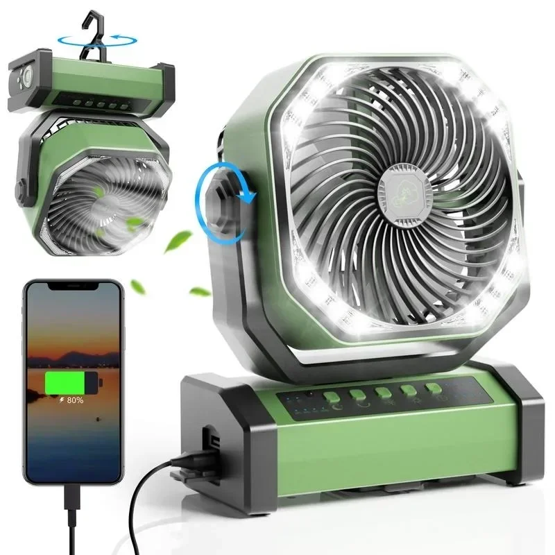 20000mAh Camping Fan with LED Light, Auto-Oscillating Desk Fan with Remote & Hook, Rechargeable Battery Operated Outdoor Tent Fa