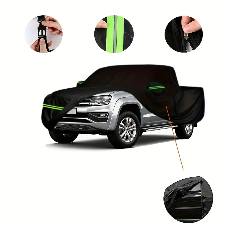 Sunshade car cover, all-weather black cover with zippered door, windproof and reflective strips, snow and protecti
