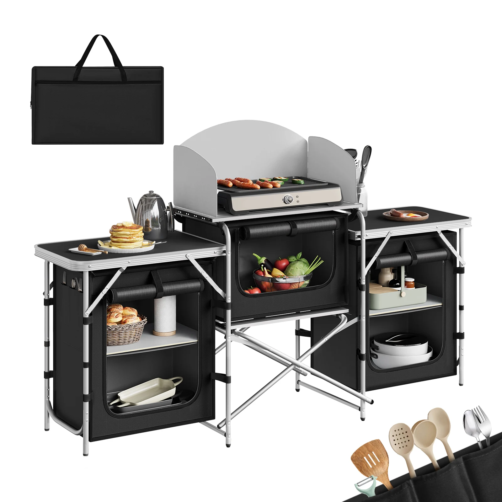 WOLTU Klappbarer Camping-Küchenschrank aus Aluminium mit Arbeitsplatten und Stauraum für Outdoor-Picknick, Grillen, Gartentisch mit Tragetasche