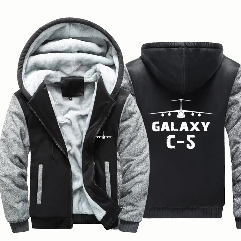 Jaquetas Masculinas de Lã e Fleece Quentes com Zíper e Capuz para Pilotos de Aviação Galaxy C-5 - Moletom Grosso com Capuz