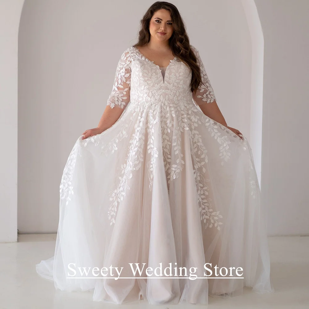 بالإضافة إلى حجم فستان زفاف العروس Vestido De Noiva مخصص نصف الأكمام الخامس الرقبة الدانتيل لينة تول ألف خط مشد فستان زفاف