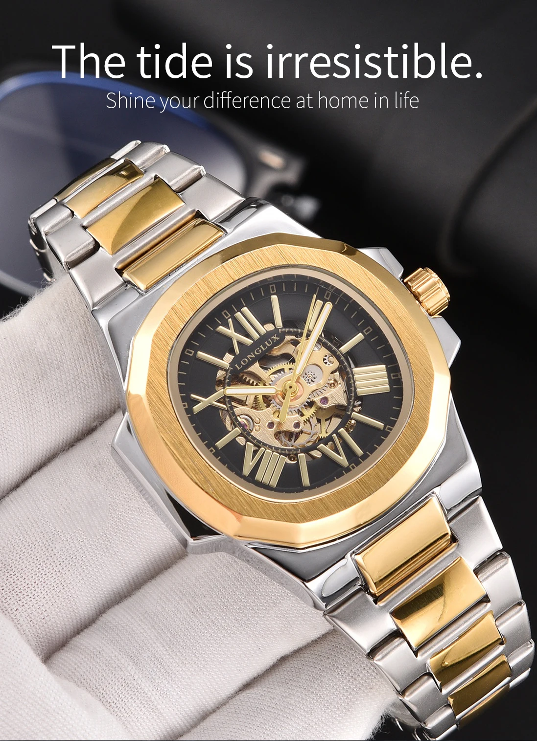 LONGLUX HOT SALE NEW Automatic Mechanical Men Watch Rome Business Waterproof Skeleton Luminous Stainless Steel Gift Watch