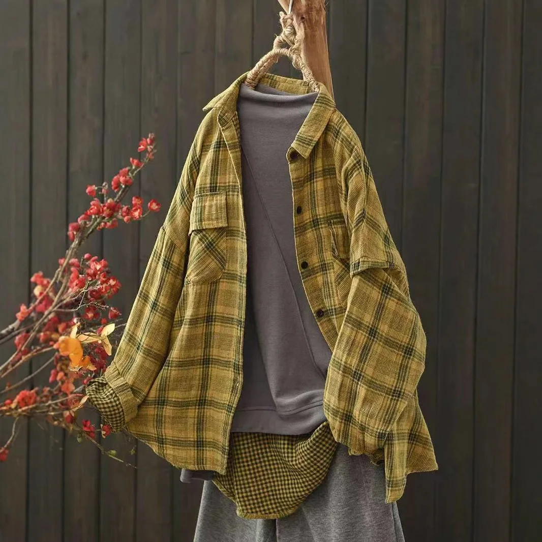 بلوزة نسائية كاجوال بأكمام طويلة وأزرار لأعلى منقوشة بطبقة مزدوجة من غزل القطن بألوان متباينة للخريف ملابس يومية فضفاضة