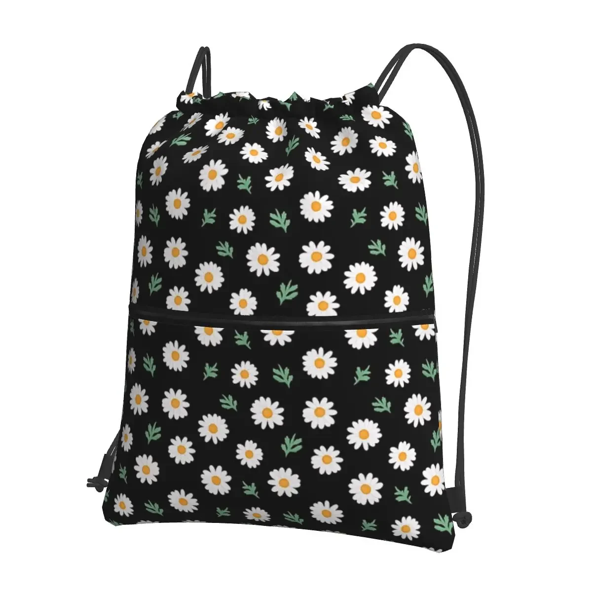 Mochilas portáteis pretas com padrão Daisy, saco de cordão, bolso do pacote, diversos sacos, viagem, esporte, homem, mulher