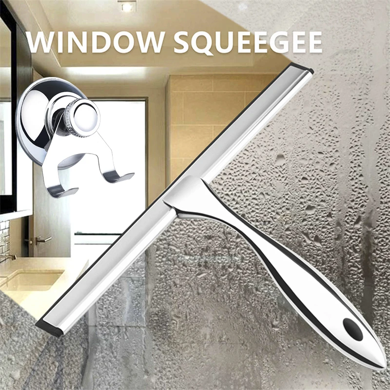 Stainless Steel Window Squeegee Shower Scrape 10'' 12'' 14''INCH Silicone Stick With Suction Cup Glass Door Car Mirror Cleaner