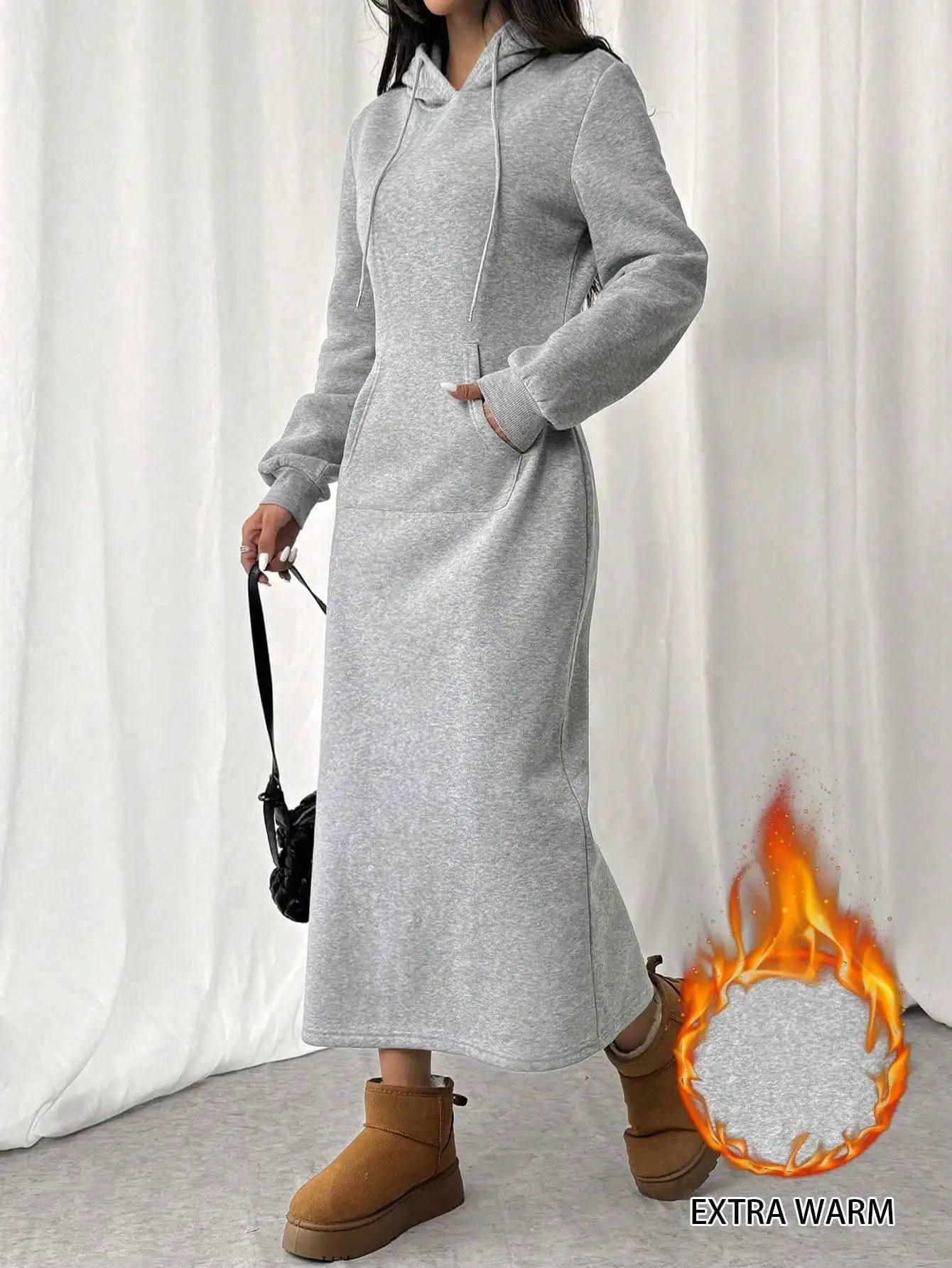 

Women's Oversized Hooded Fleece Maxi Dress, Grey, Warm Comfortable Fit with Side Slit