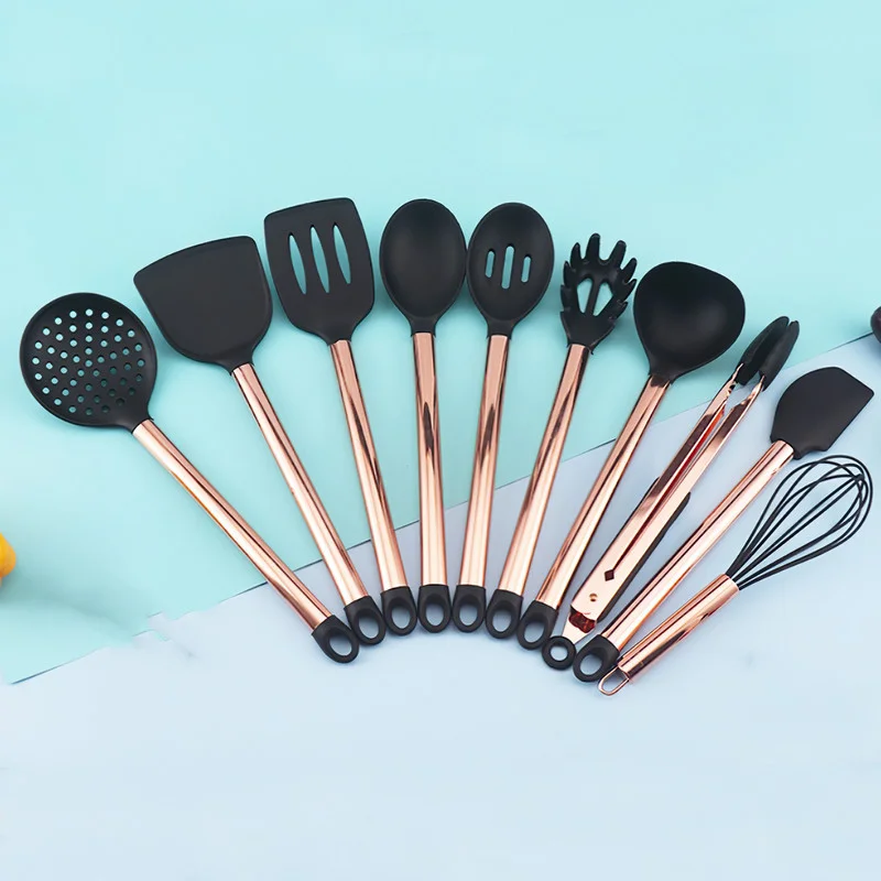 

Silicone Cooking Tool Set Gold Stainless Steel Handle Kitchenware Set Spatula Rice Spoon Food Clip Home Kitchen Supplies