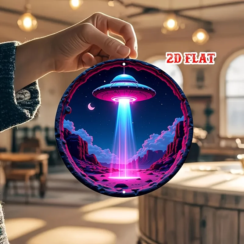 2D شقة 1 قطعة علامة معدنية خمر الغريبة لقاء: أسرار ما وراء الأرض الألومنيوم ملصق دائري ريترو خمر نظرة جدار الفن لشريط #6