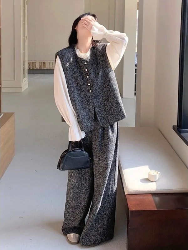 Oversize 300 Pounds Korean Style Vest Wide Leg Pants Two Piece Set Men's Autumn Lazy Luxury Set Long Sleeve Long Pants